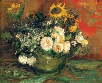  sunflowers Oil Painting - Still Life with Roses and Sunflowers Vincent van Gogh
